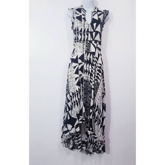 Plenty by Tracy Reese Geometric Print  Maxi Dress High Low Ruffle Keyhole Back - Picture 10 of 15